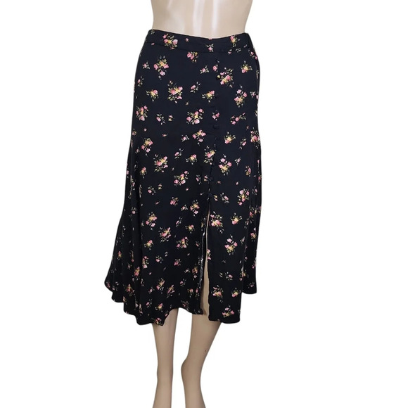 Stradivarius Black Pink Floral Print Midi Skirt Slit - Picture 1 of 4
